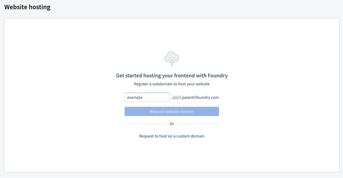 The domain request interface shows the subdomain field and the option to host on a custom domain.