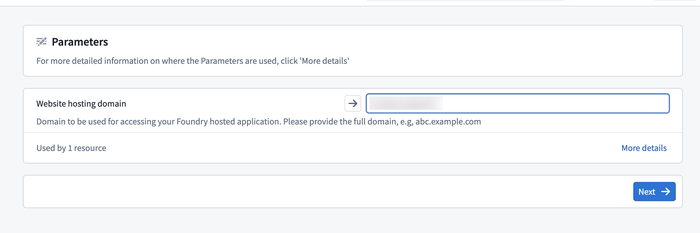 The website hosting domain parameter input during Marketplace installation.