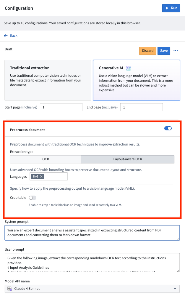 The preprocessing configuration section found in AIP Document Intelligence.