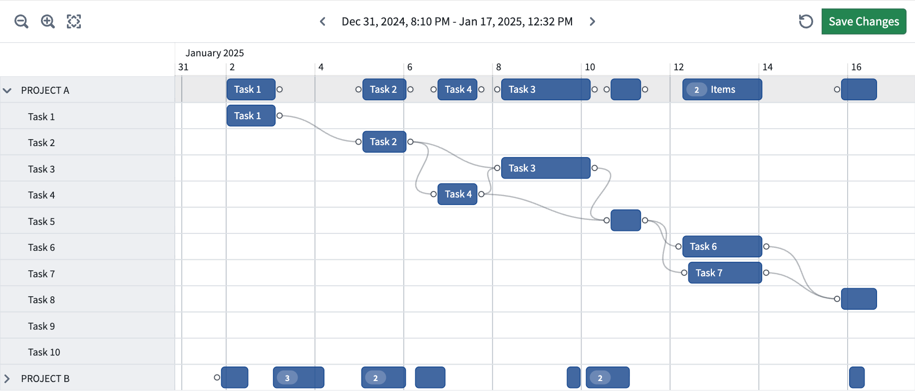 Program Scheduling widget example: Displaying tasks grouped by project phase with dependency arrows between deliverables.
