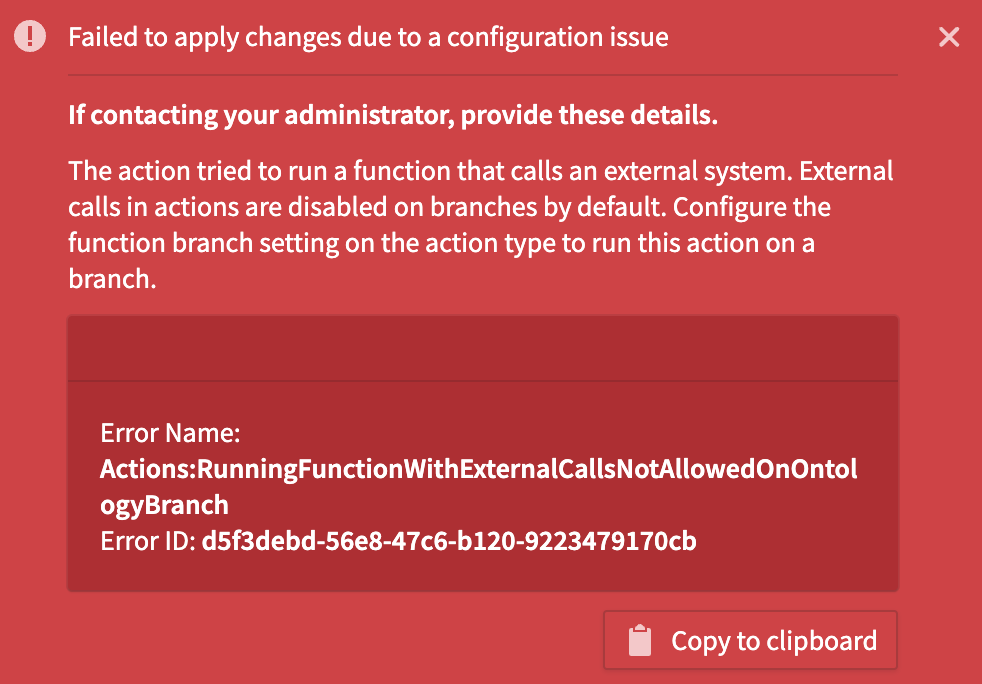 Action failed to execute due to external function call.