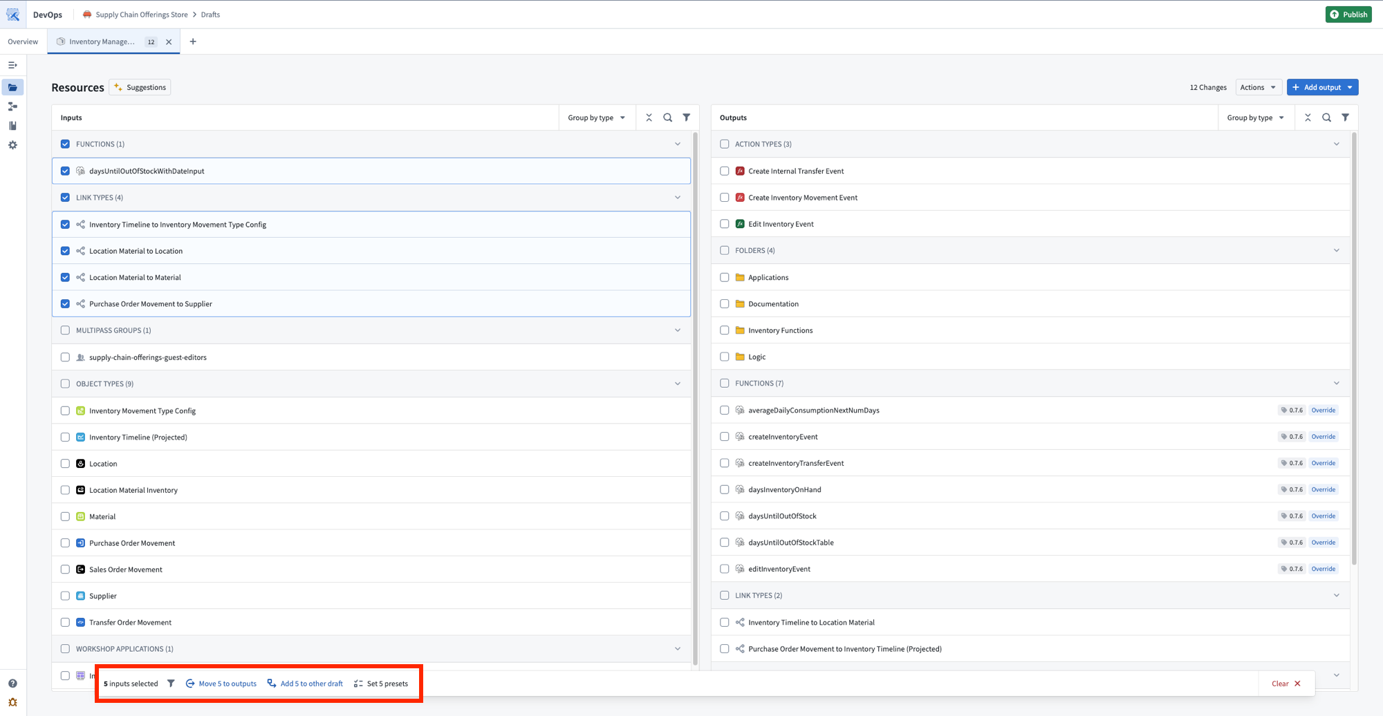 A bottom toolbar displays bulk actions including Move to outputs and Add to other draft for selected inputs.