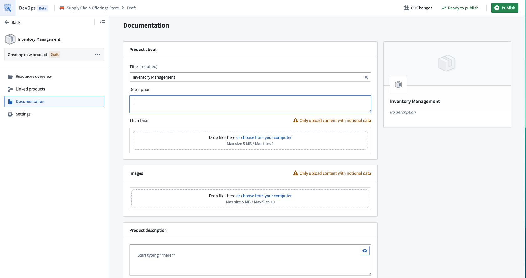 The Documentation page displays options for submitting documentation information about a product.
