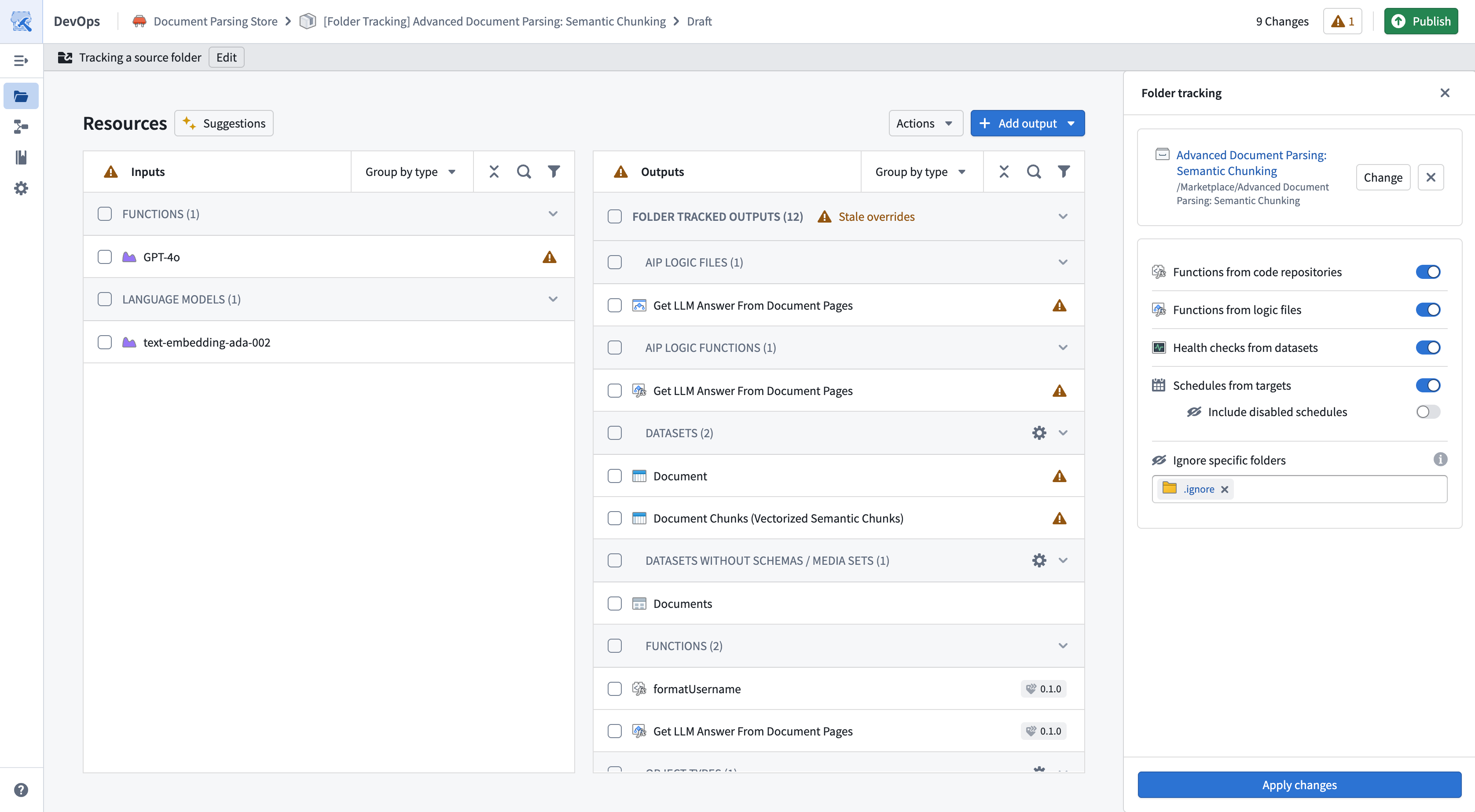 Folder tracking settings view.