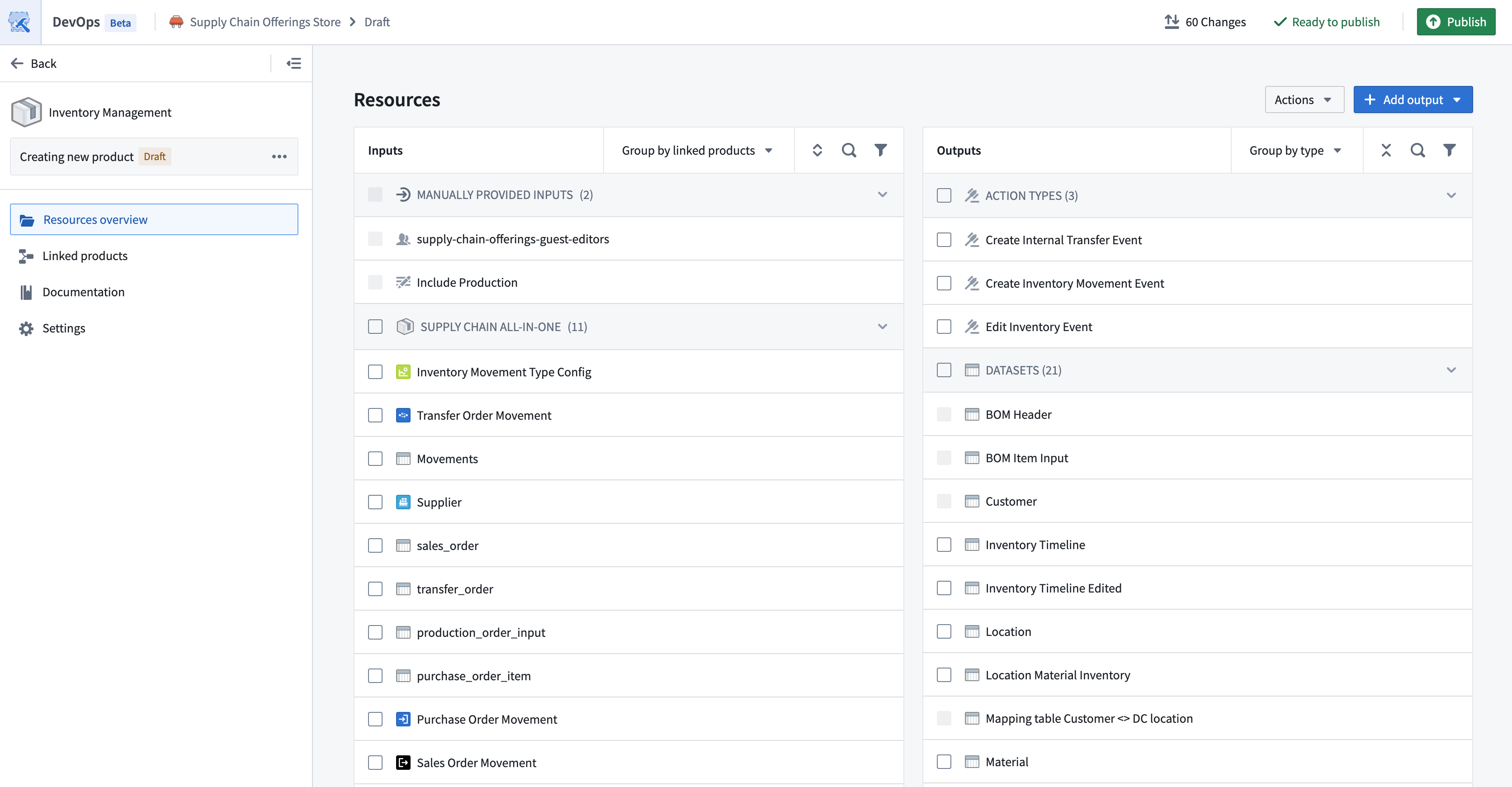 The Resources page displays Inputs grouped by linked products.