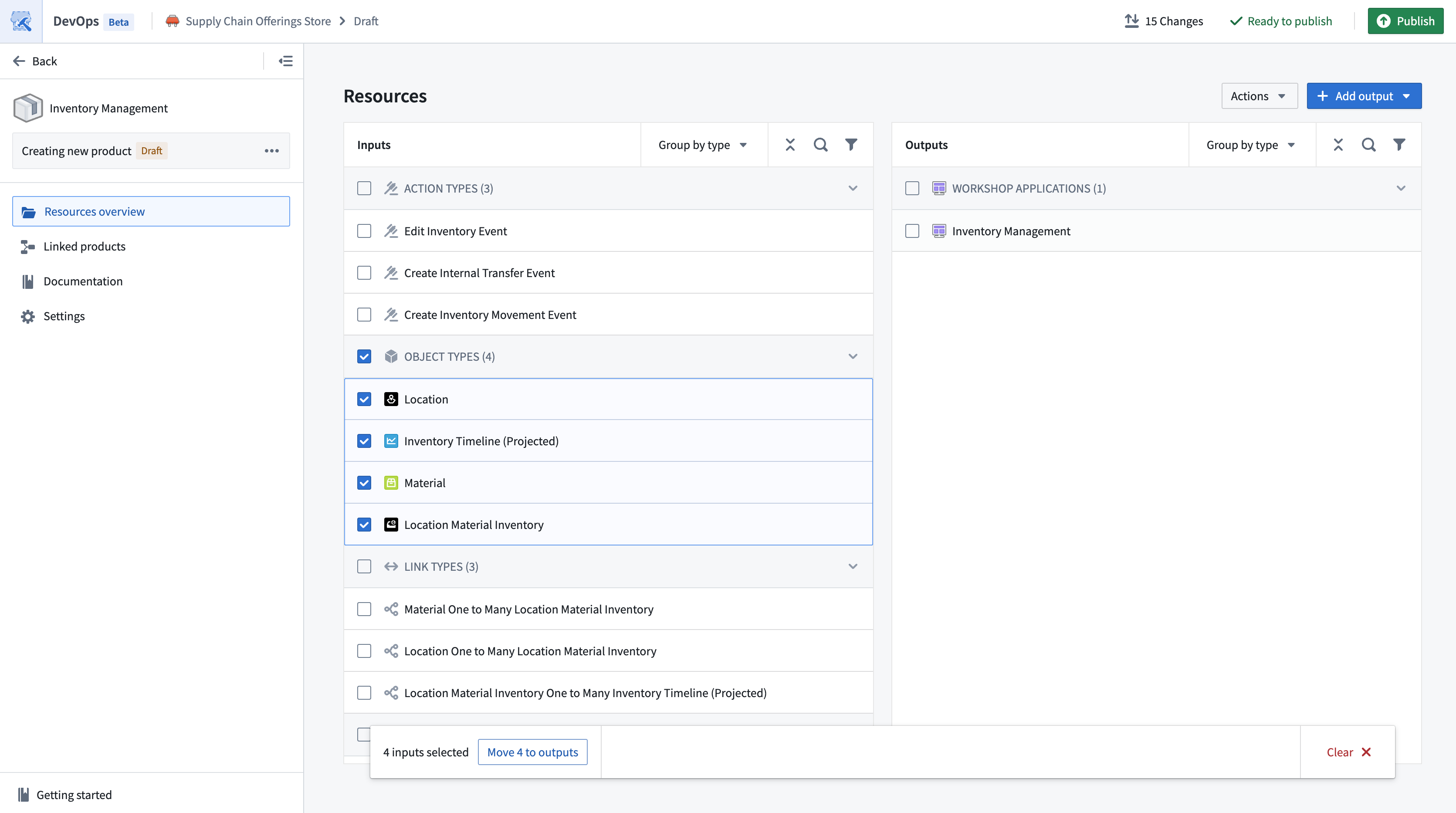 A horizontal popup enables a user to bulk add multiple inputs as outputs.