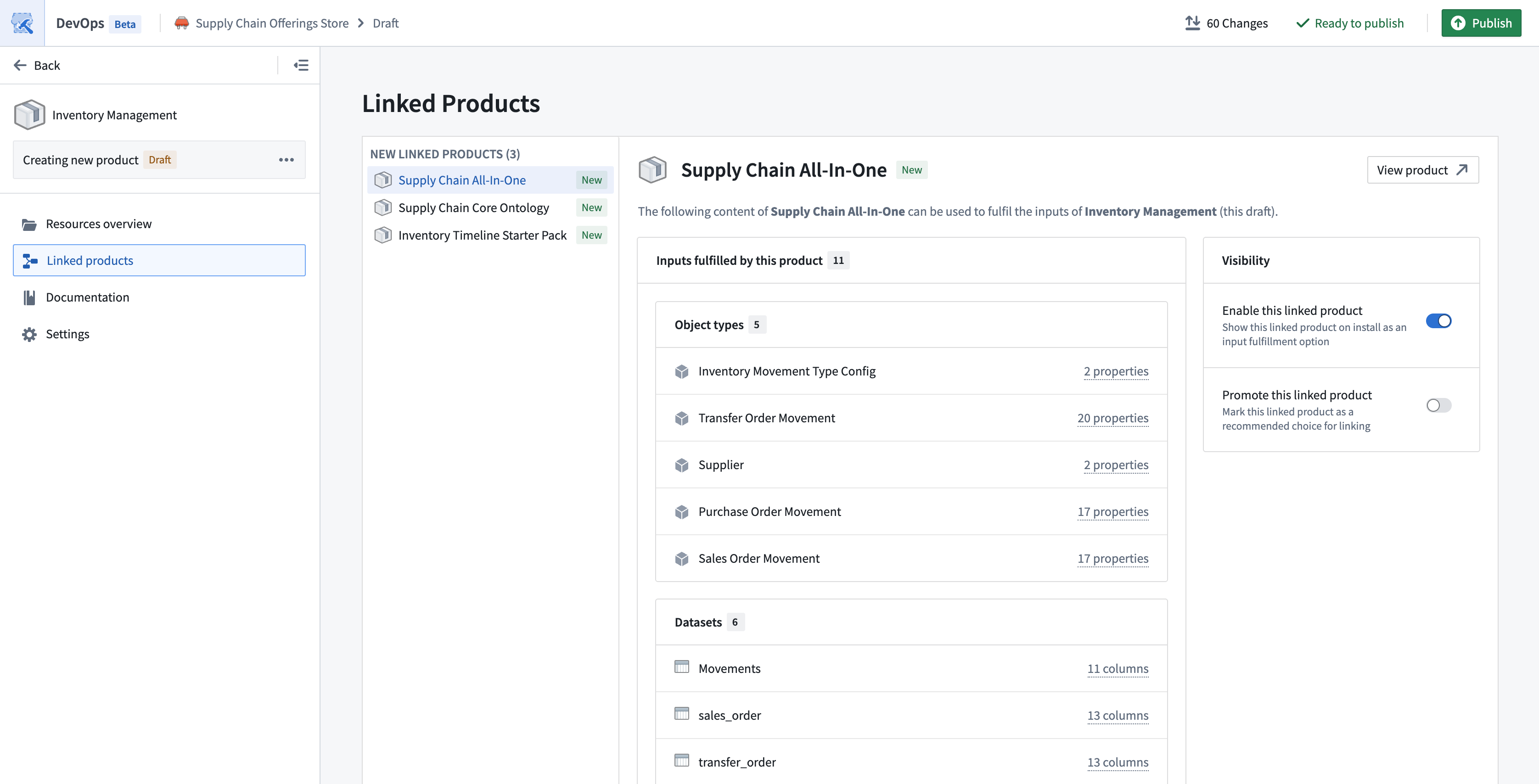 The Linked products tab is highlighted in the left panel of the Linked Products page.