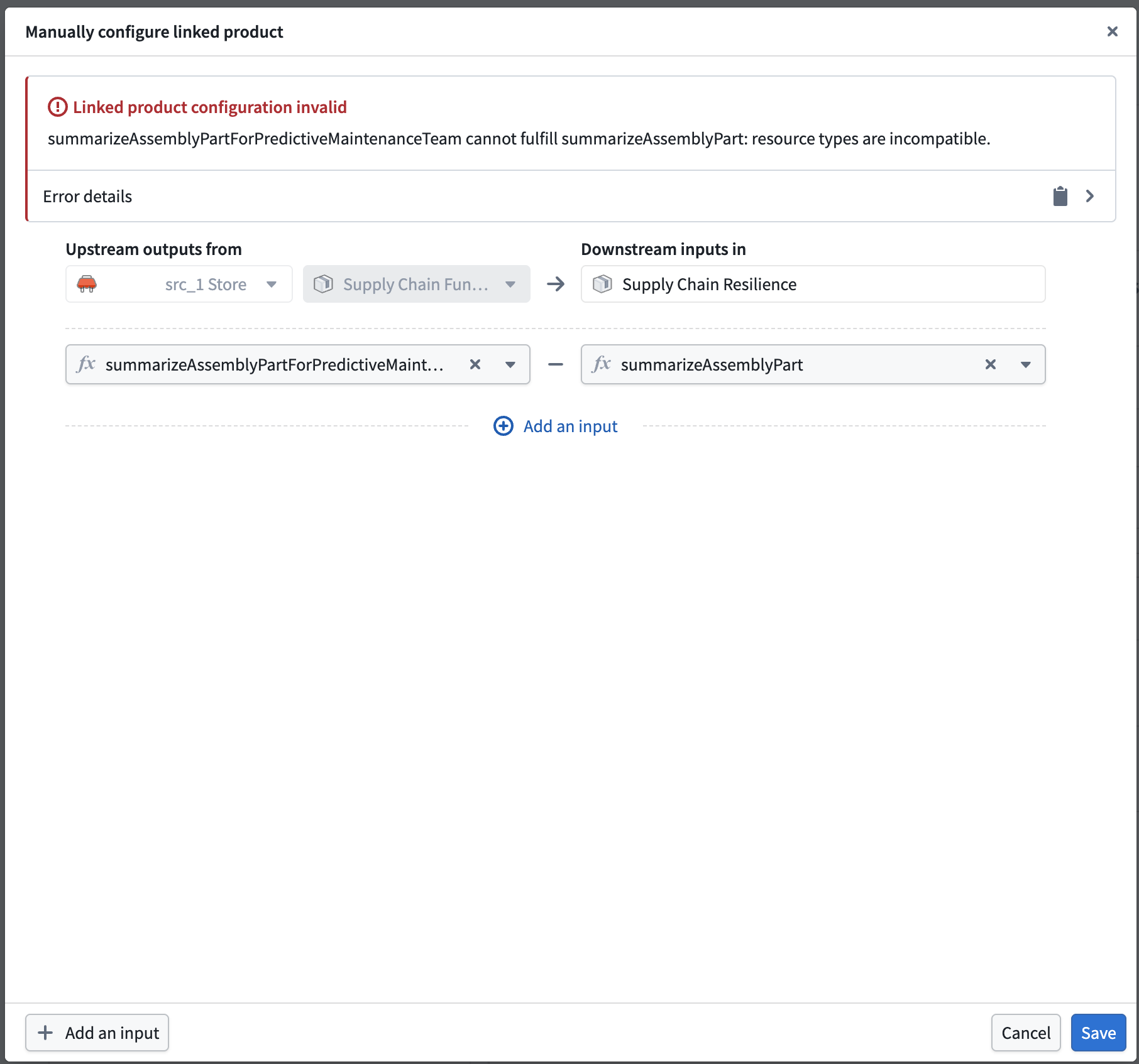 DevOps の入力マッピングダイアログに表示された検証エラー。