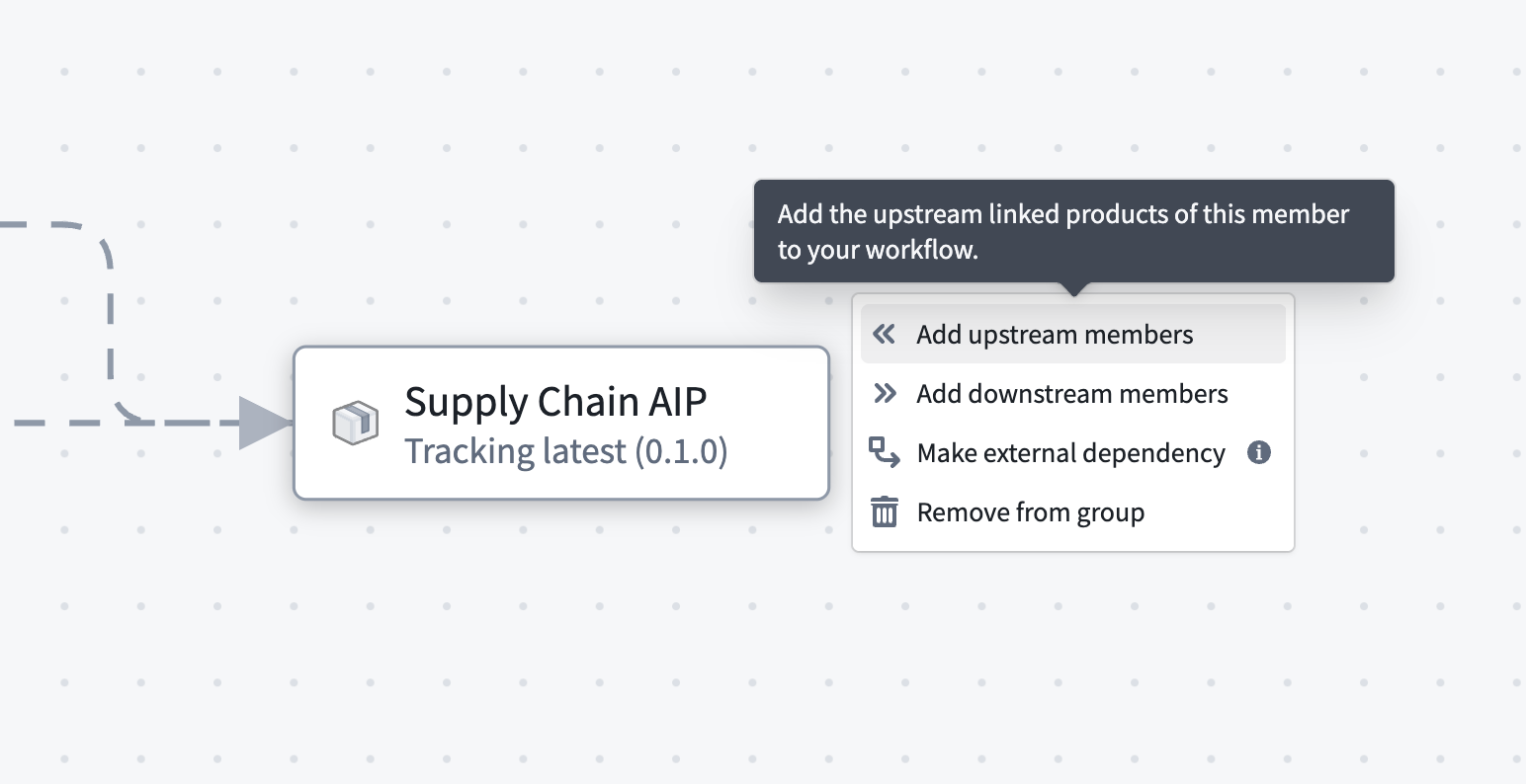 The action bar on a product group member displays the Add upstream members option.