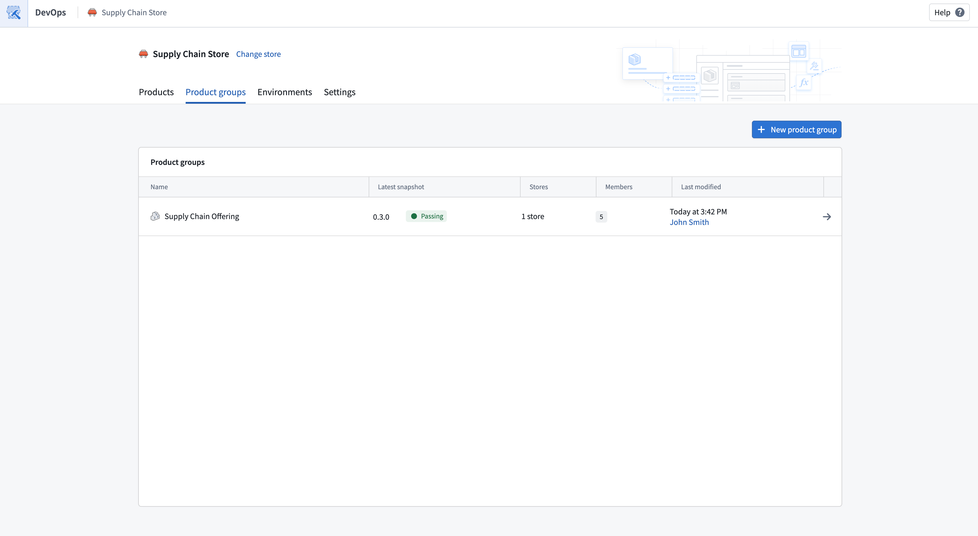 The Product groups tab on a DevOps store page displays the New product group button.