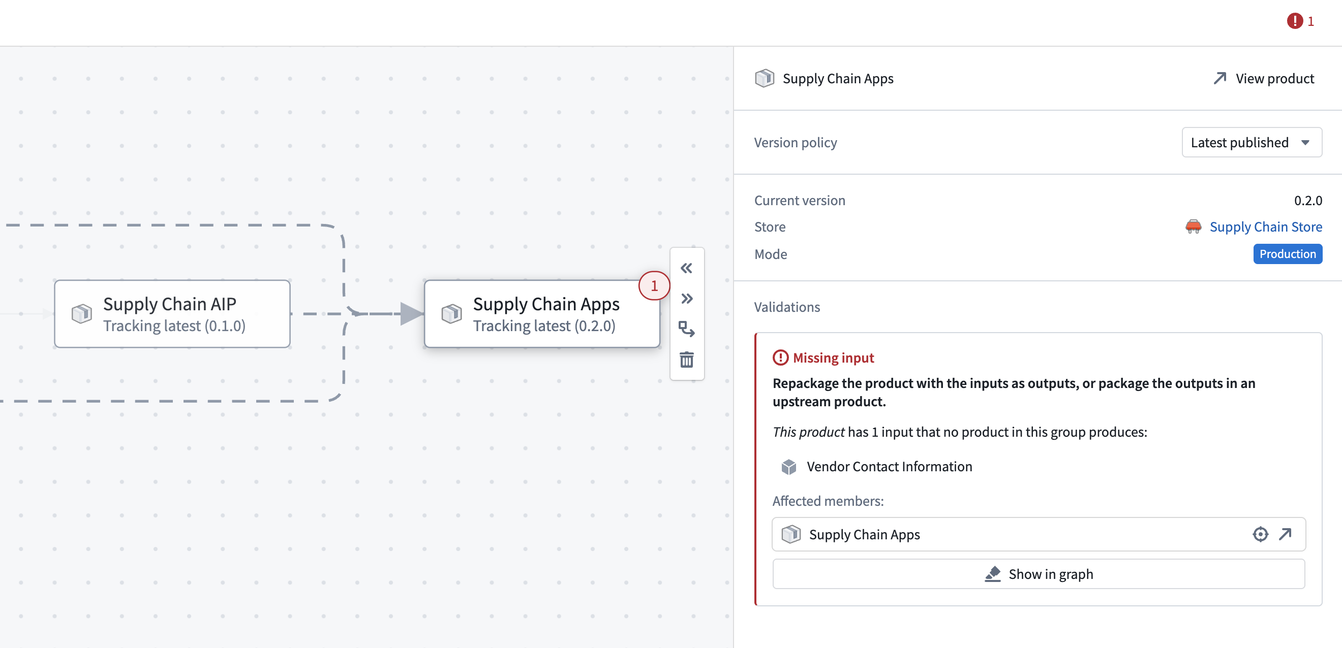 The product group editor displays a missing input validation for a selected product.