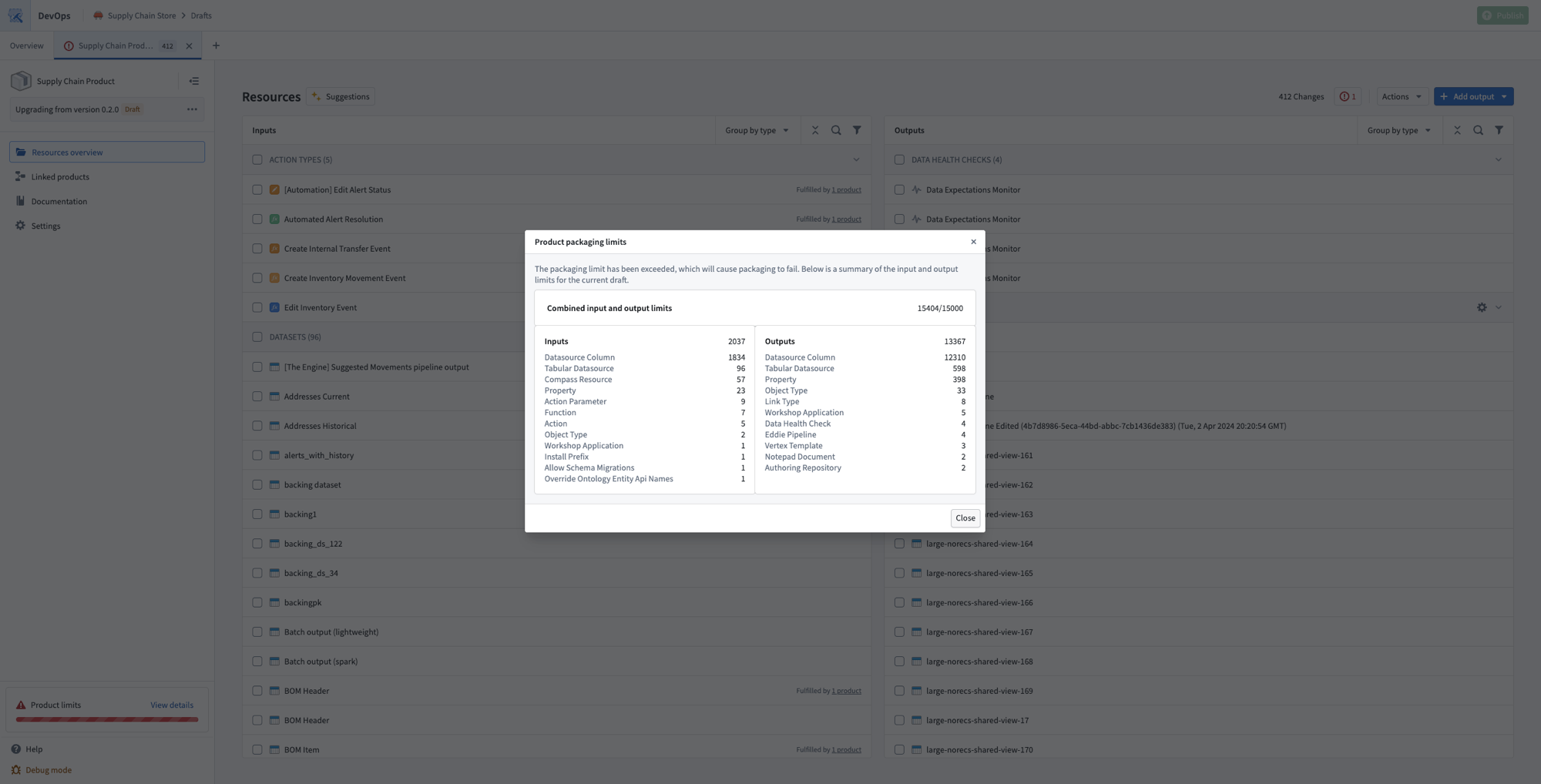 The Product packaging limits dialog displays the combined input and output count against the limit, with inputs and outputs itemized by resource type.
