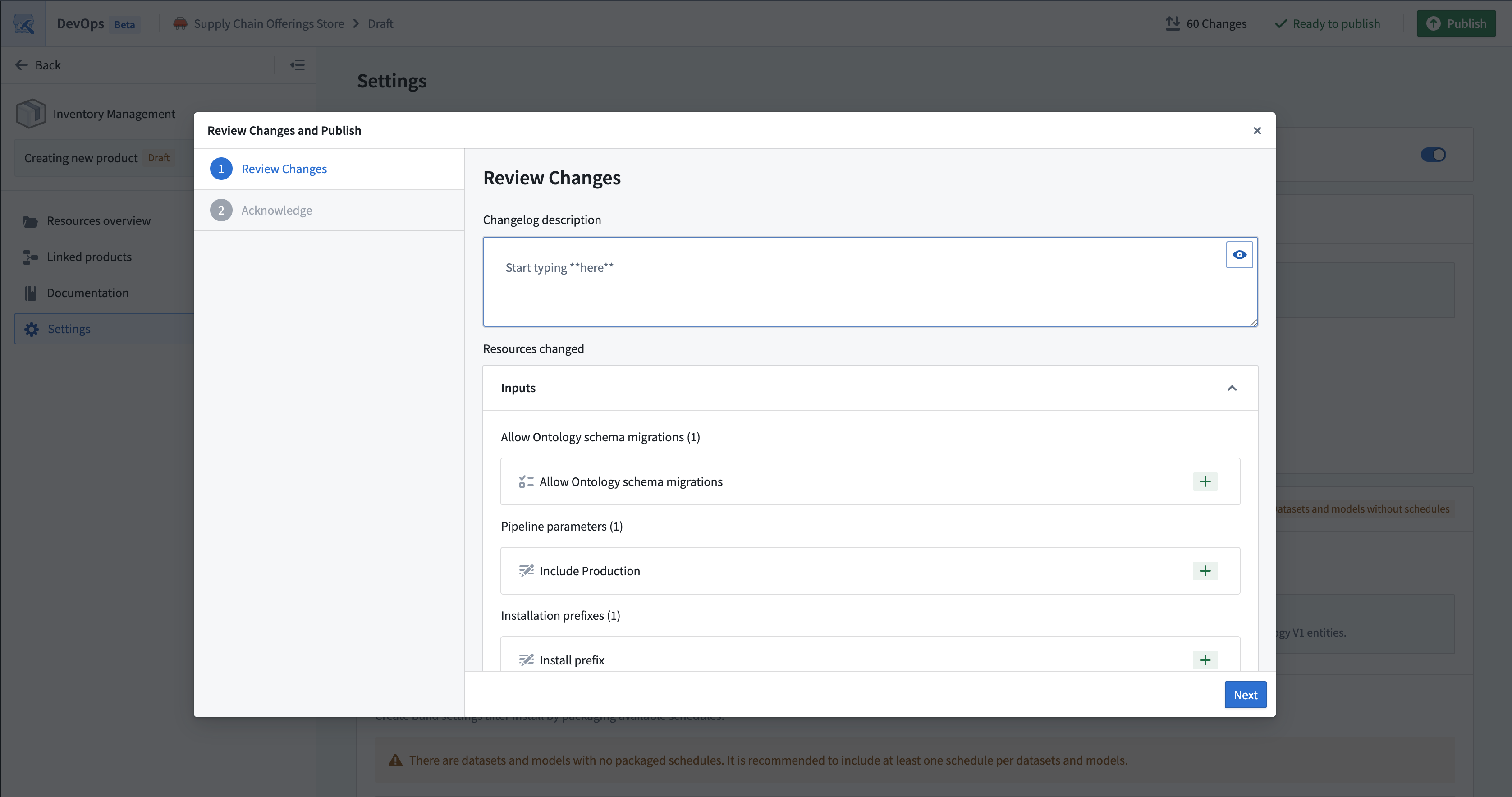 The Review Changes and Publish publish screen.