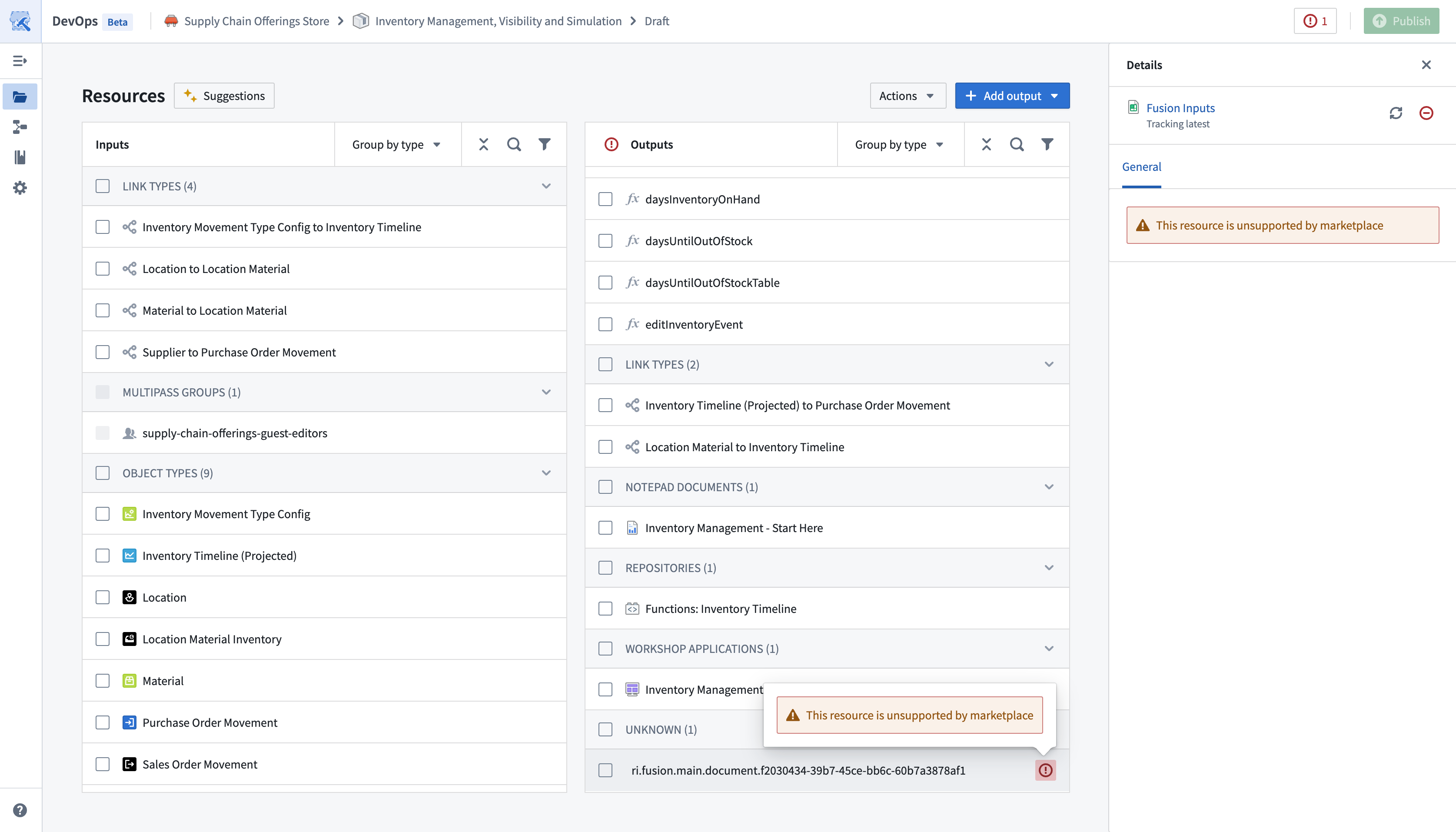 The Resources page displays Unsupported Resources.