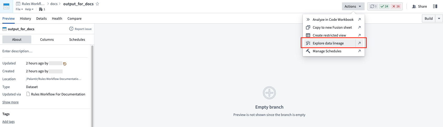 Navigate to Data Lineage for output dataset