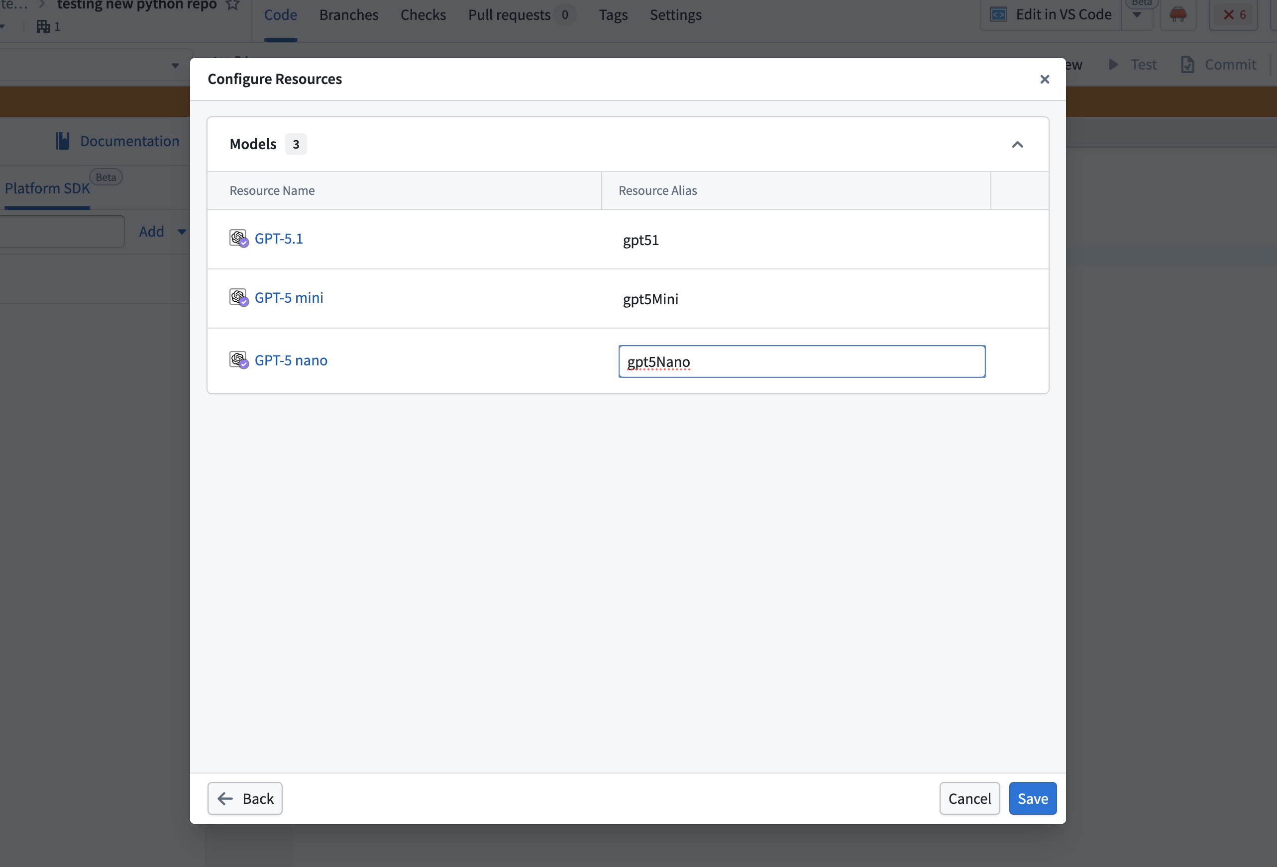 Configure model aliases after choosing models to import.