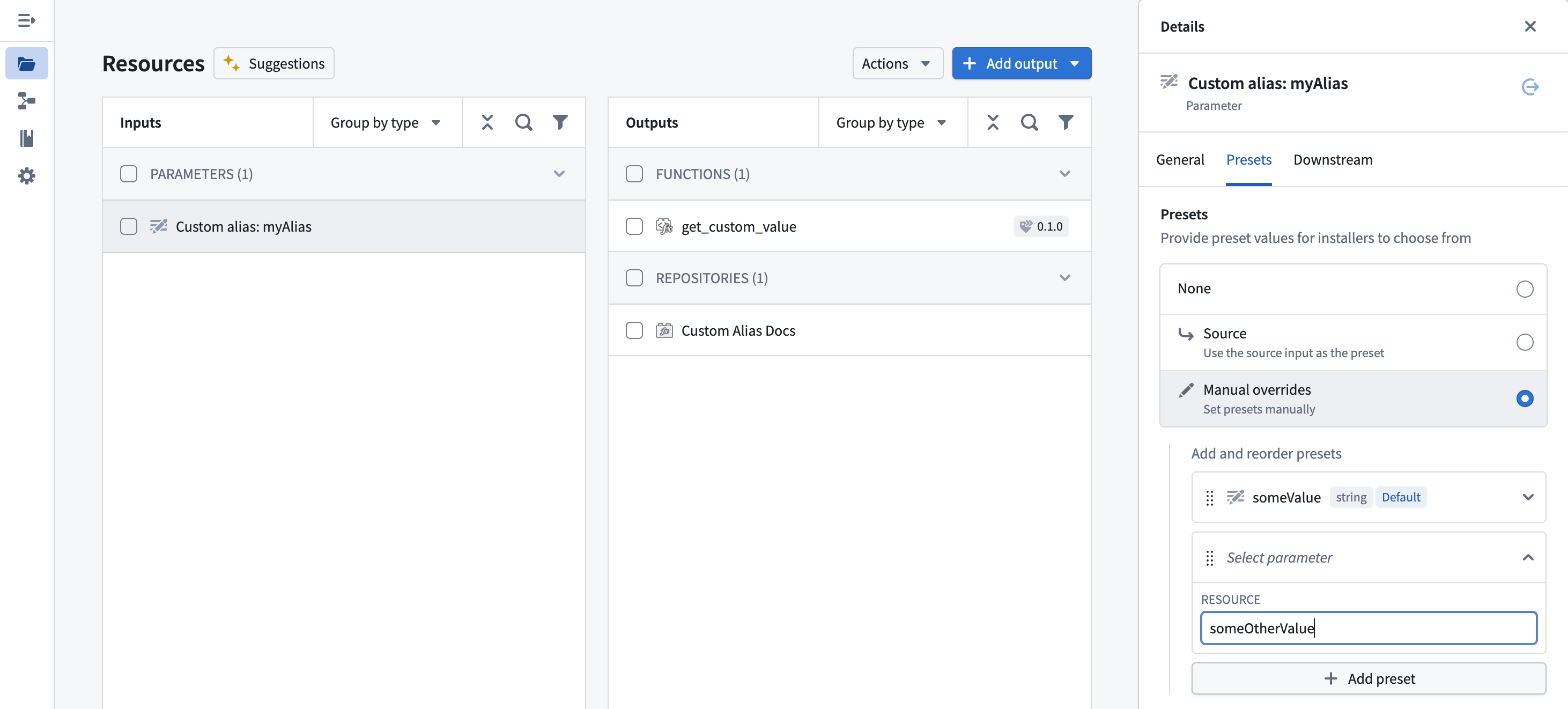 The Presets tab showing manual override configuration with preset values for the alias.