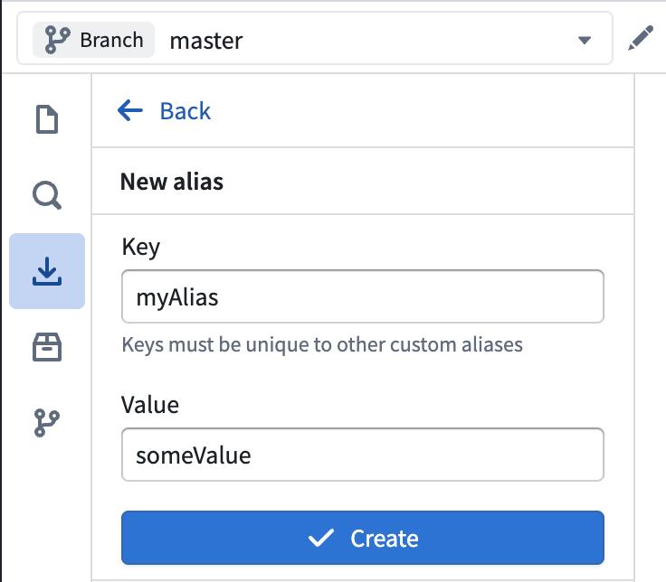 The new alias dialog with a key set to myAlias and a value set to someValue.