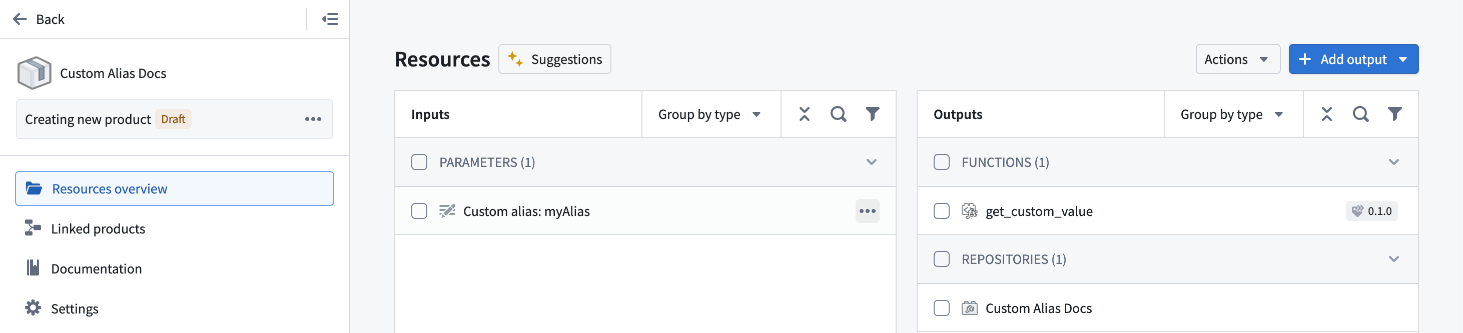 A Marketplace product showing the custom alias as a configurable parameter input alongside the function output.