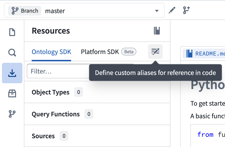 The Resource imports side panel showing the Platform SDK tab with the custom aliases option.