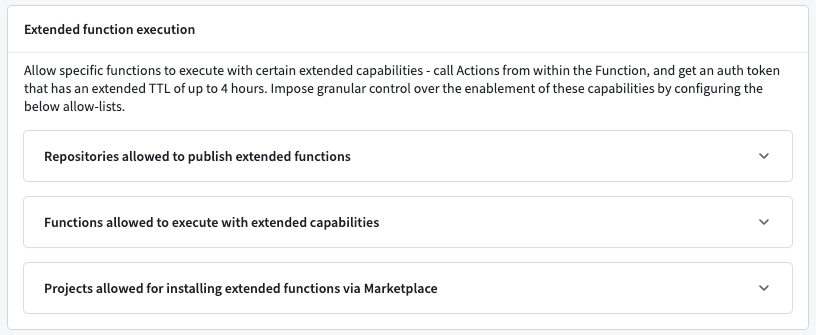 The Extended function execution setting in Control Panel, showing the three allowlists that control extended capabilities for functions.