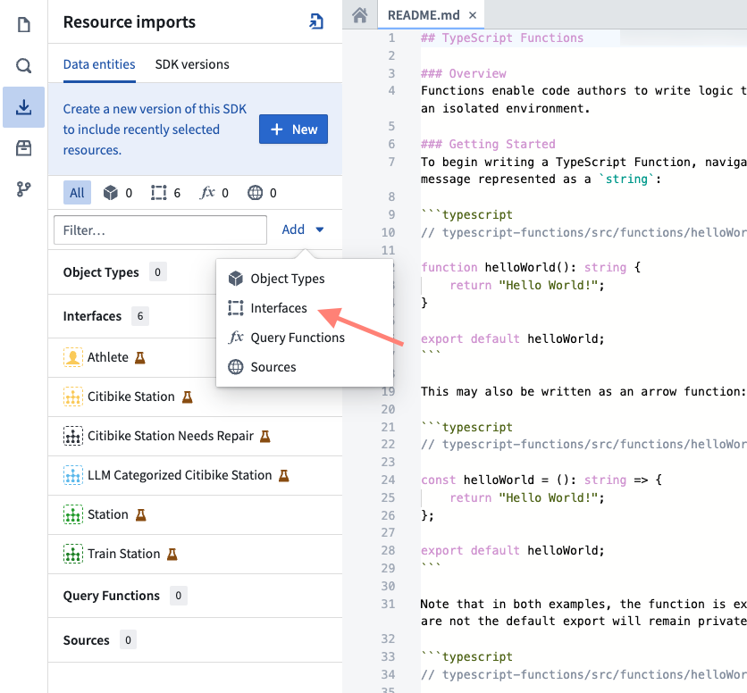 The option to import interfaces under the "Add" dropdown.