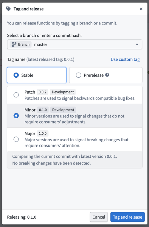 Choose the version type to tag for the new release.