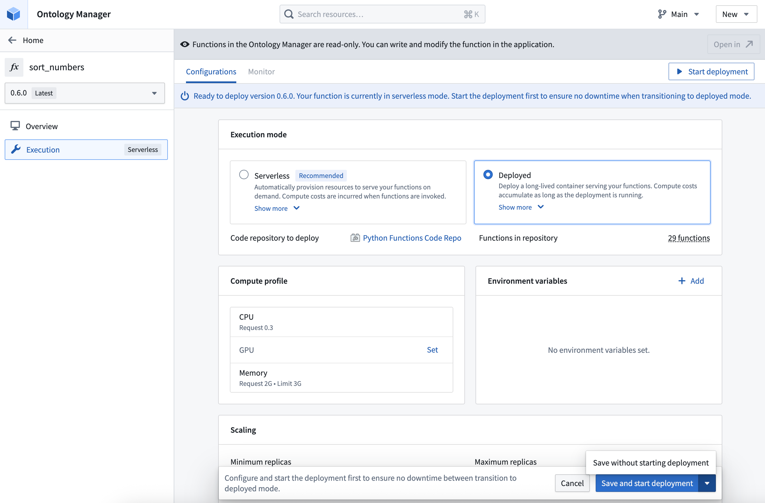 Save and start deployment for a Python function in deployed mode