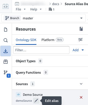 The Resource imports panel showing a source alias with an option to edit it.