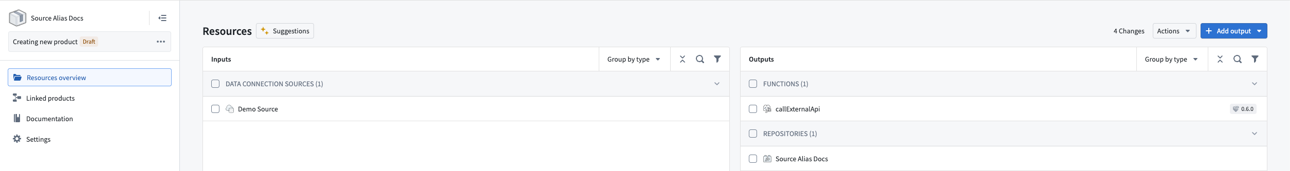 A Marketplace product showing a Data Connection source as a configurable input.