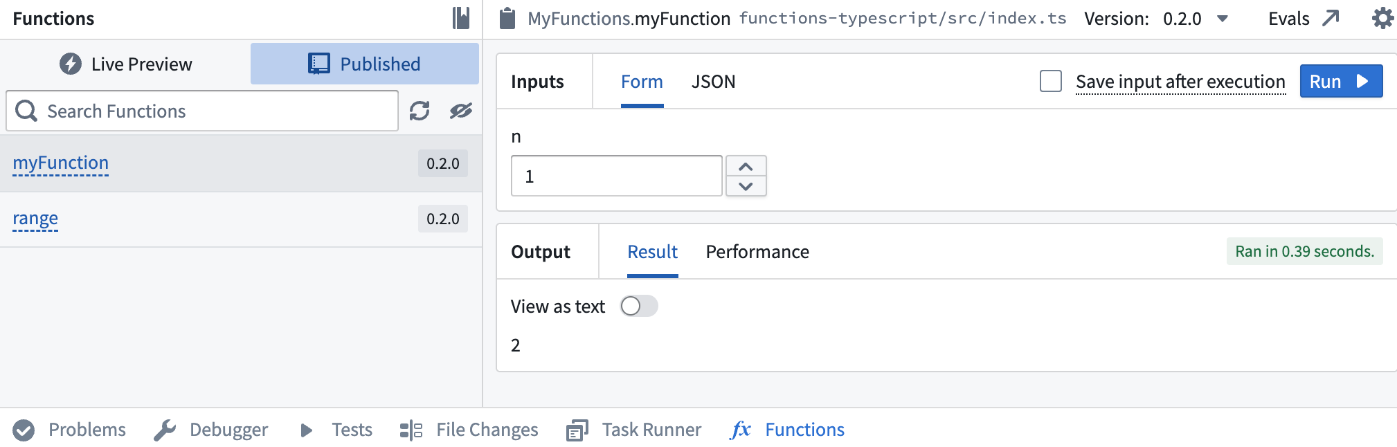 Functions helperで関数を実行します。