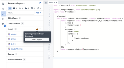 Model imports warning in sidebar.