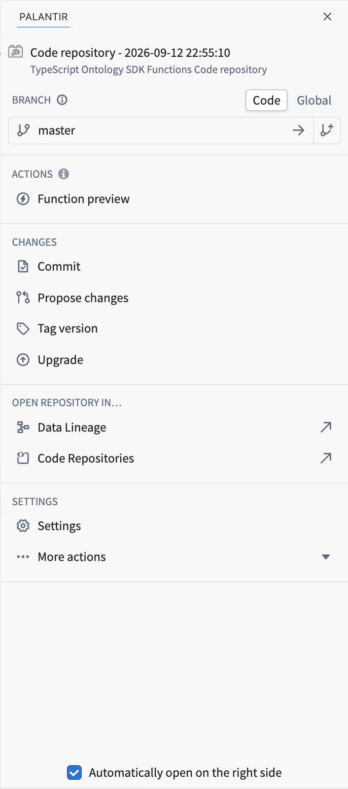 The Palantir extension panel displays branch controls and actions to preview functions, commit and propose changes, tag a version, and upgrade the repository.