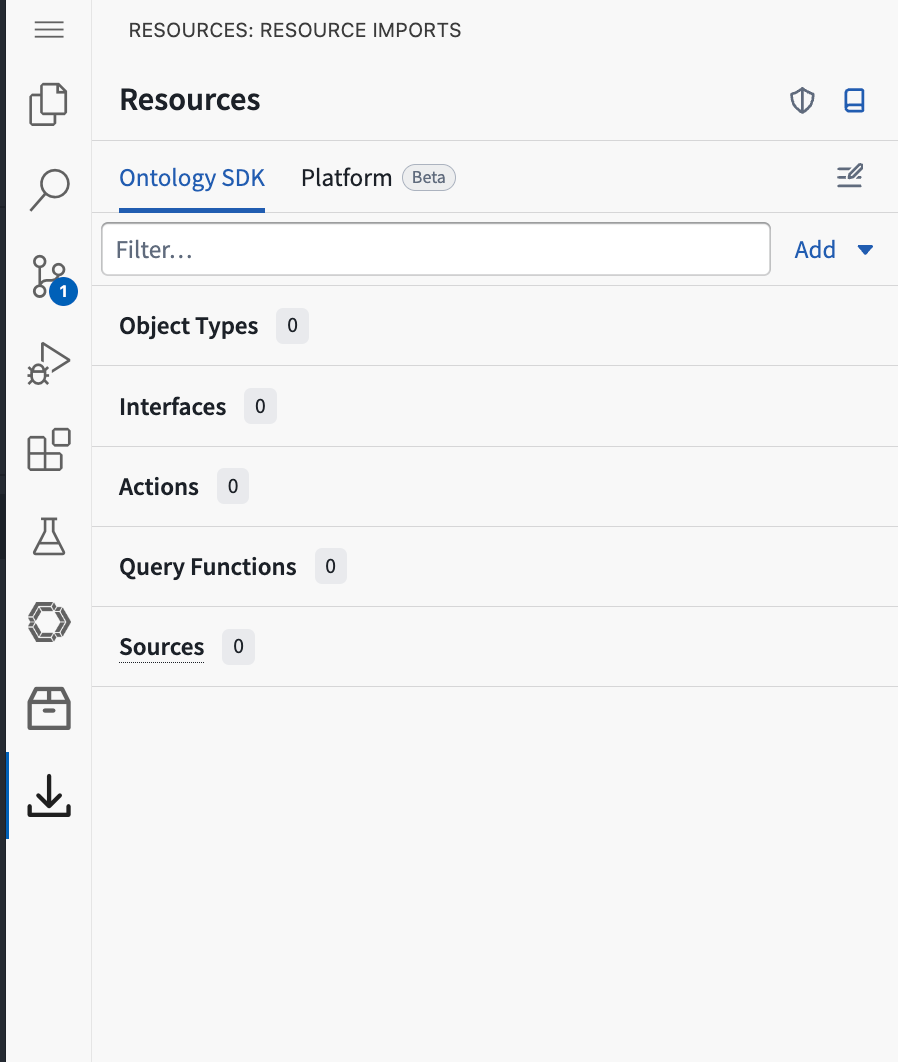 The Resource imports icon is selected in VS Code, and the Resources panel displays the available Ontology SDK resource types.