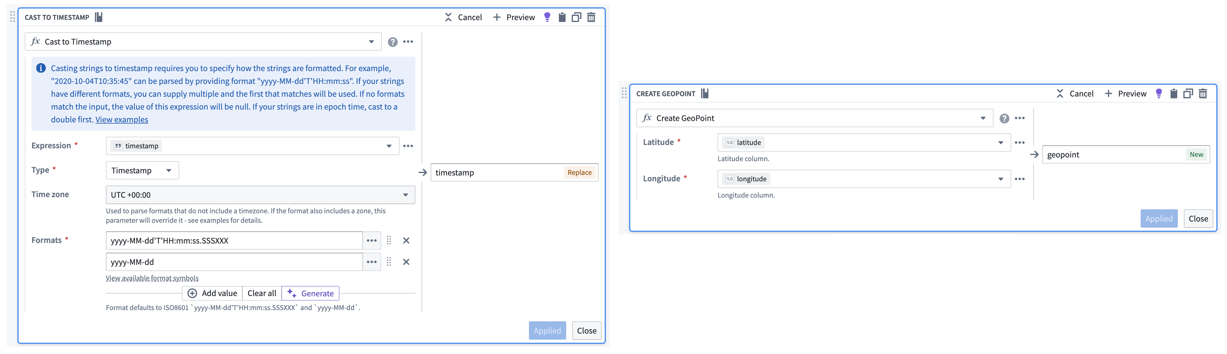 Pipeline Builder's Cast and Create GeoPoint transform cards are displayed.