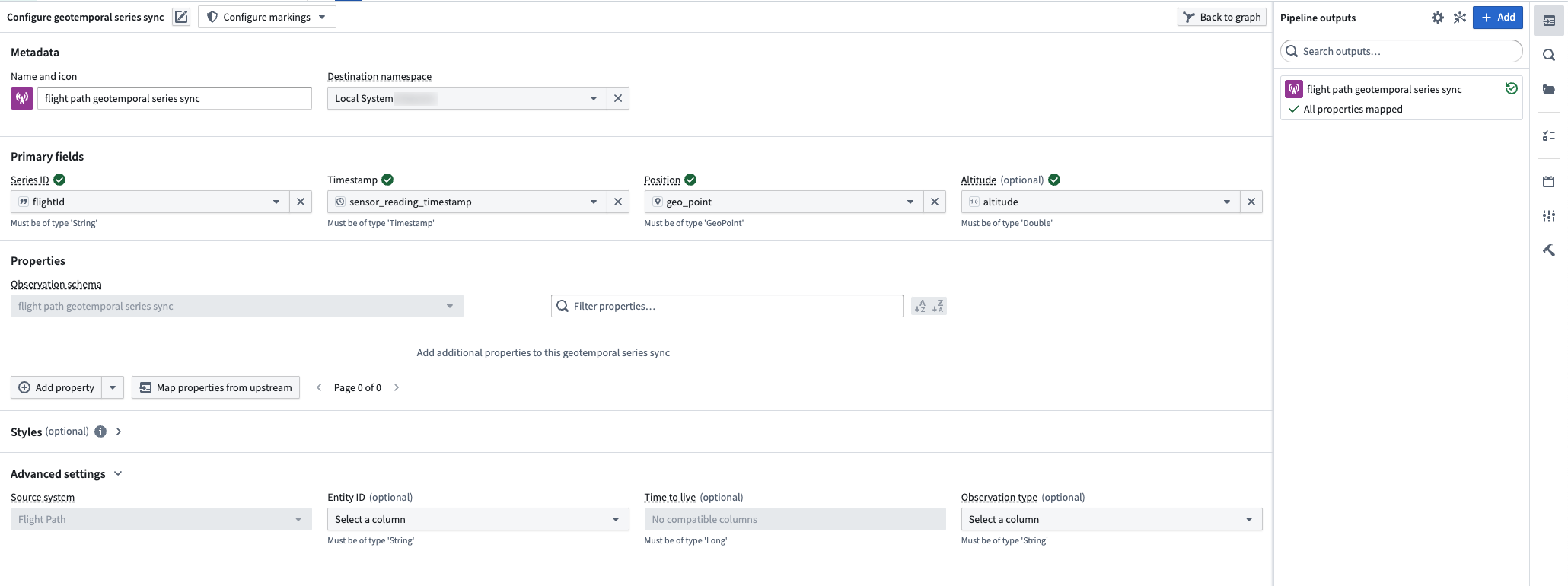 Pipeline Builder's configure geotemporal series sync screen is displayed, where a user maps fields from their transformation pipeline to a newly created geotemporal series sync.
