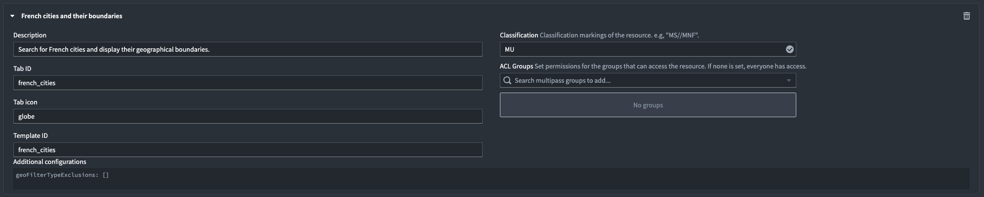 A configured geosearch panel is displayed in the Gaia admin application.