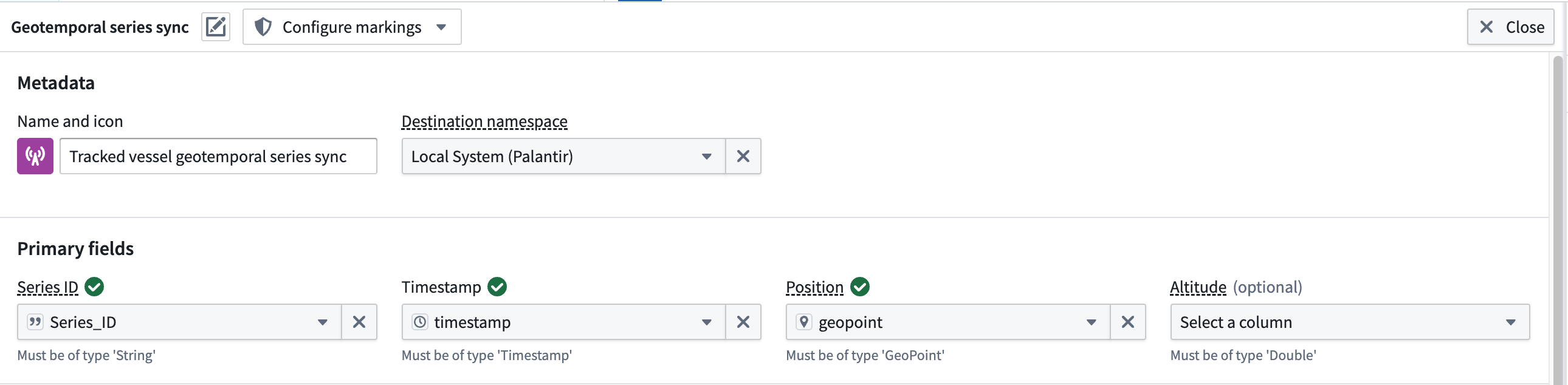 The primary fields of a geotemporal series sync are displayed.