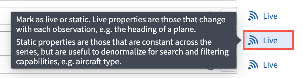 An explanatory tooltip renders after hovering over Live in the Properties panel.