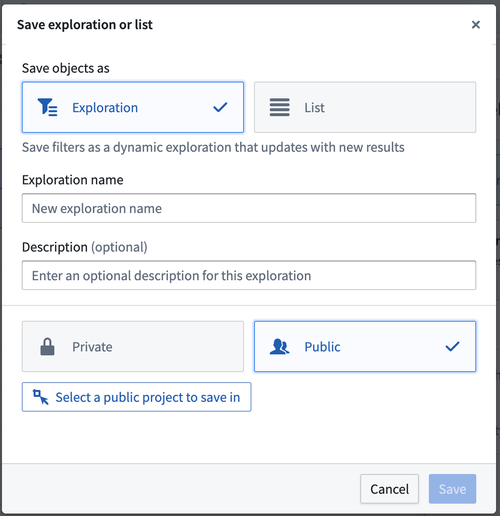 The Save exploration or list pop-up within Foundry's Object Explorer is displayed, enabling a user to save a selection of objects as an Exploration, or object set.