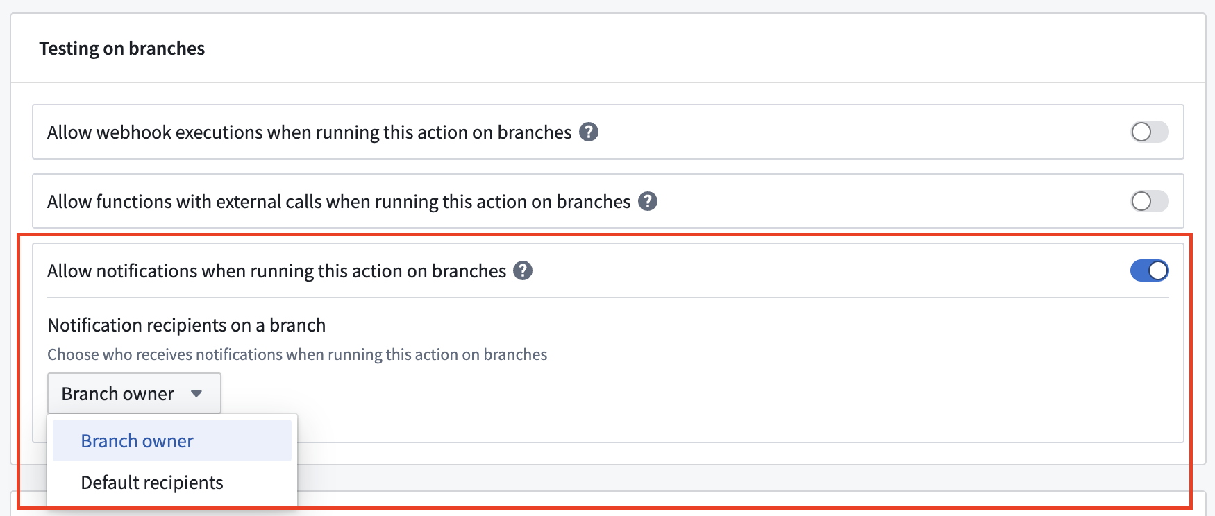 Enable notifications on branches setting.