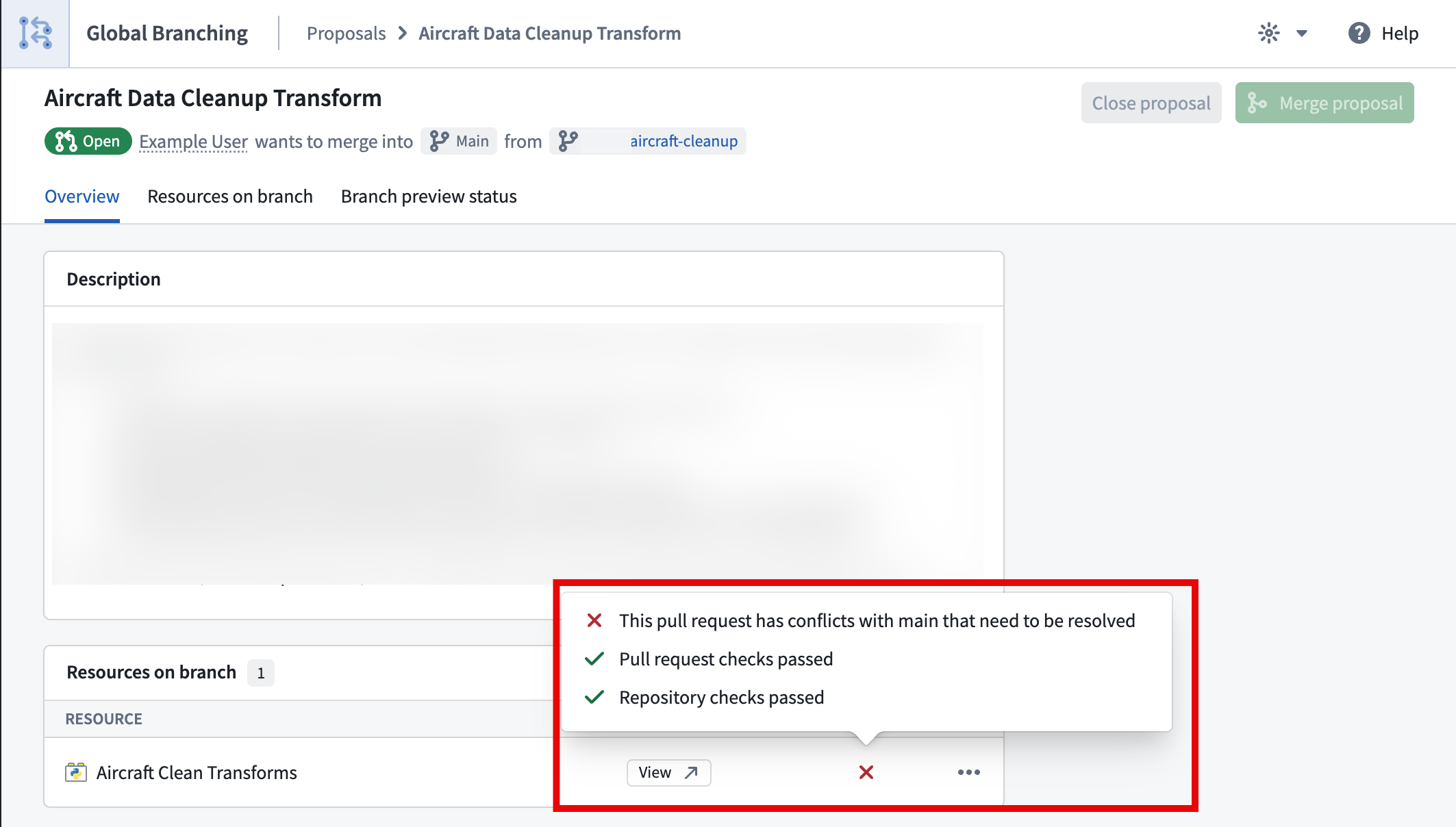 Viewing and resolving merge checks in the Global Branching app.