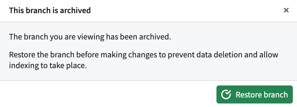 Dialog shown when viewing a branched resource warning that the branch is archived and prompting to restore it.