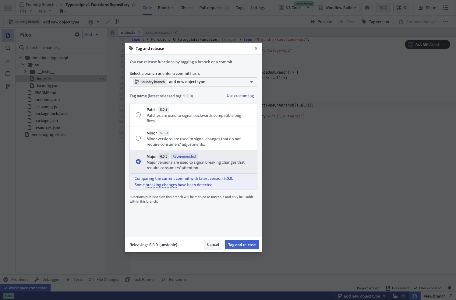 Publishing functions on a branch.