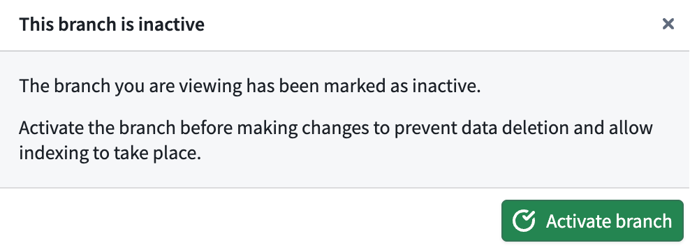 Dialog shown when viewing a branched resource warning that the branch is inactive and prompting to activate it.