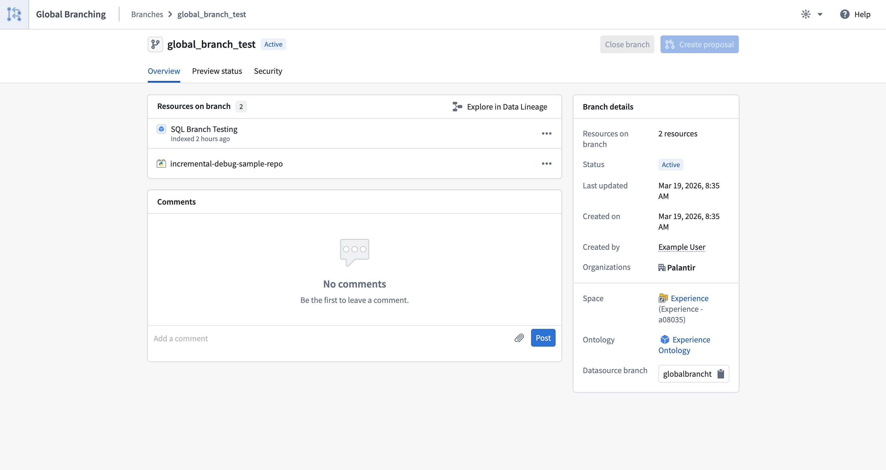 Global Branching app branch overview.