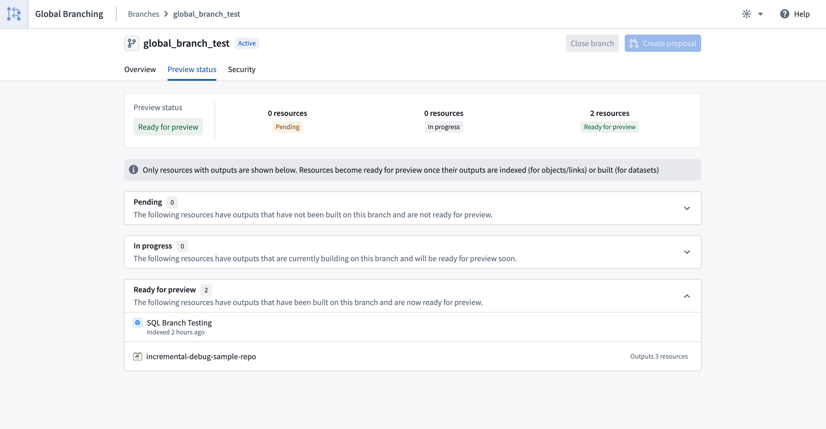 Global Branching app branch preview status.