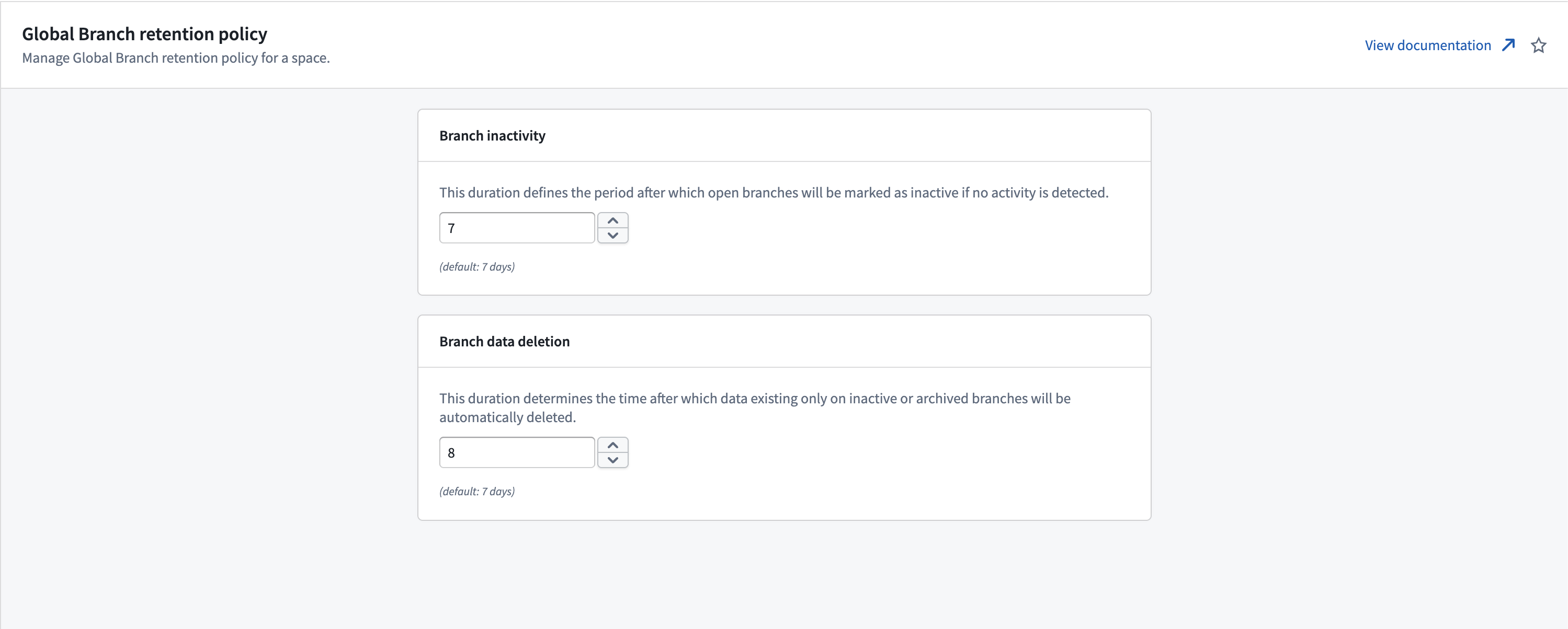 Managing branch retention settings in Control Panel.