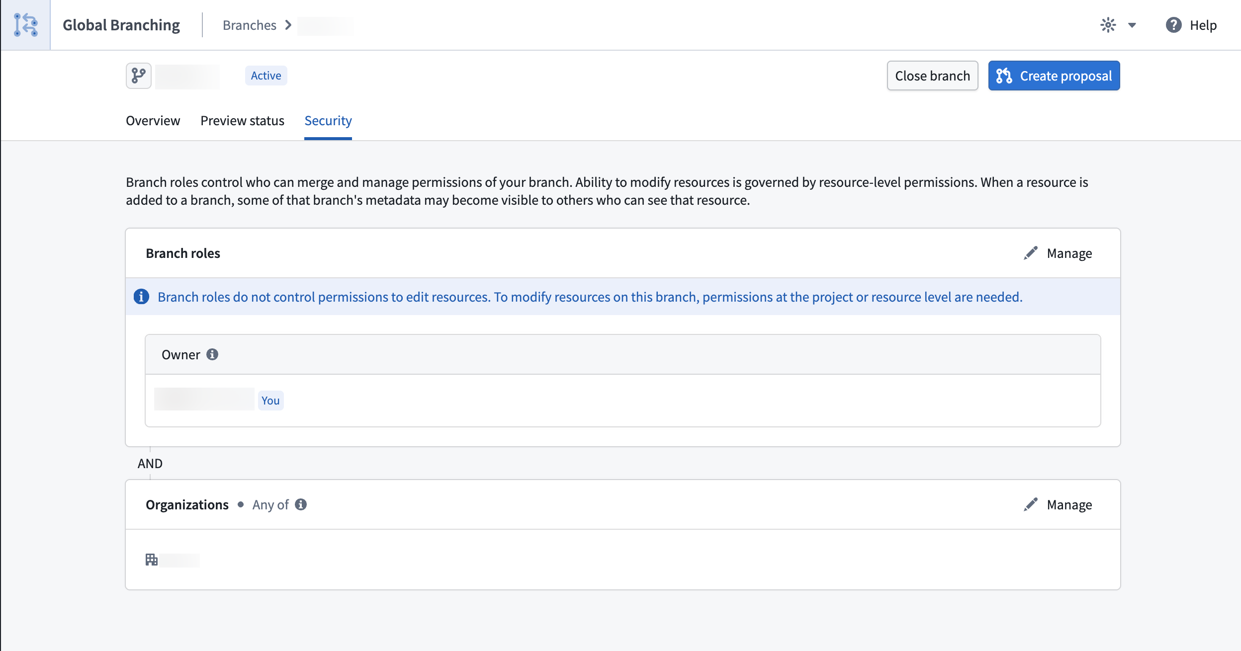 The Security tab on a branch page showing branch roles and organization access settings.