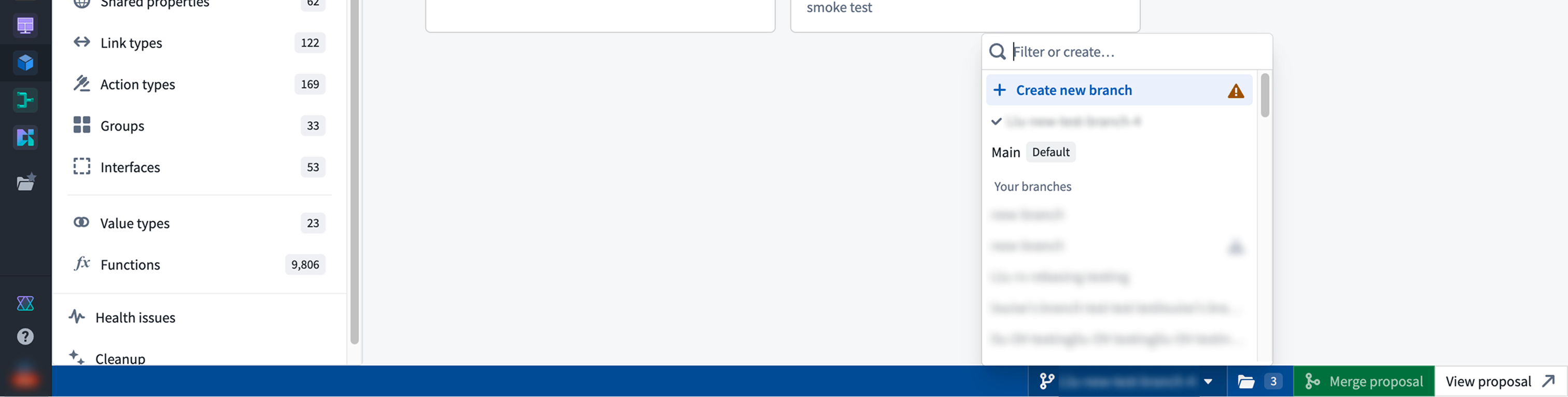Branch selector dropdown in the taskbar.